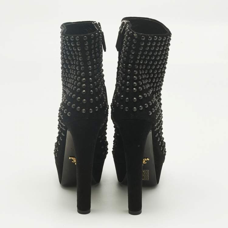 Pre Owned Prada Black Suede Stud Embellish Platform Ankle Length Boots Size 37