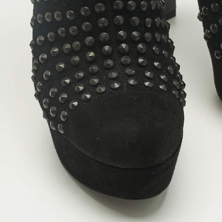 Pre Owned Prada Black Suede Stud Embellish Platform Ankle Length Boots Size 37
