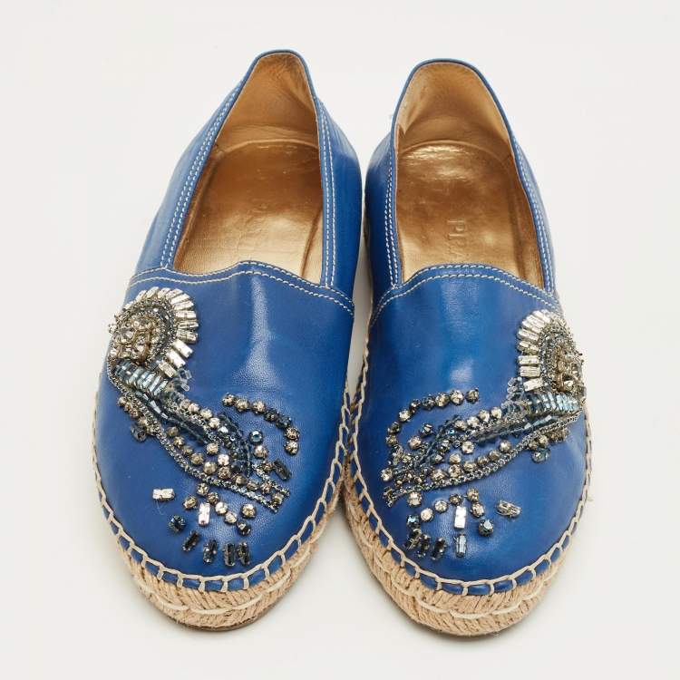 Pre Owned Prada Blue Leather Crystal Embellished Espadrille Flats Size 36.5