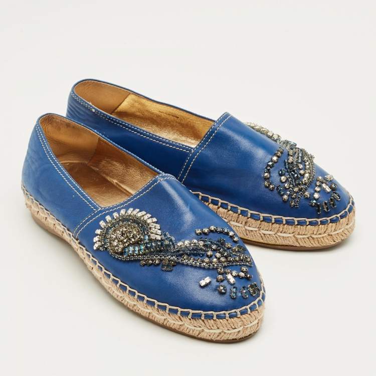 Pre Owned Prada Blue Leather Crystal Embellished Espadrille Flats Size 36.5
