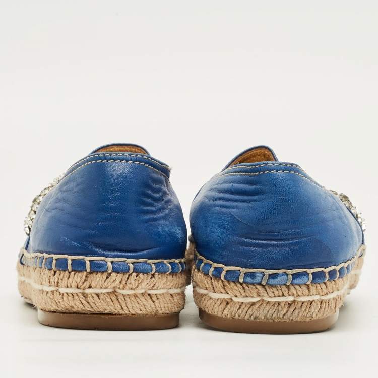 Pre Owned Prada Blue Leather Crystal Embellished Espadrille Flats Size 36.5
