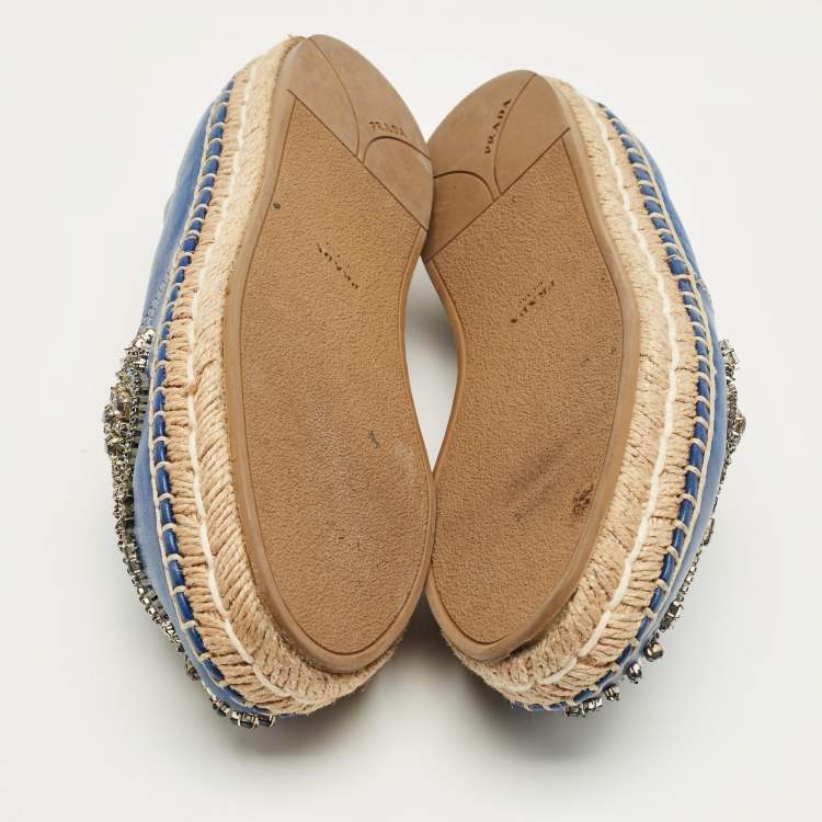 Pre Owned Prada Blue Leather Crystal Embellished Espadrille Flats Size 36.5