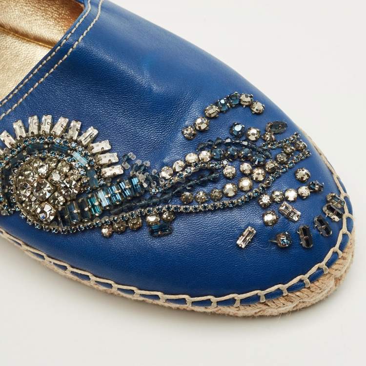 Pre Owned Prada Blue Leather Crystal Embellished Espadrille Flats Size 36.5