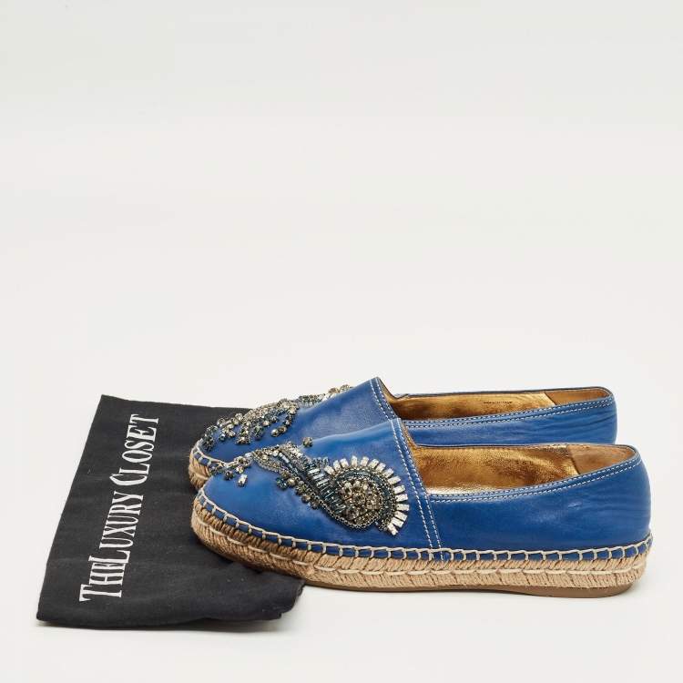 Pre Owned Prada Blue Leather Crystal Embellished Espadrille Flats Size 36.5