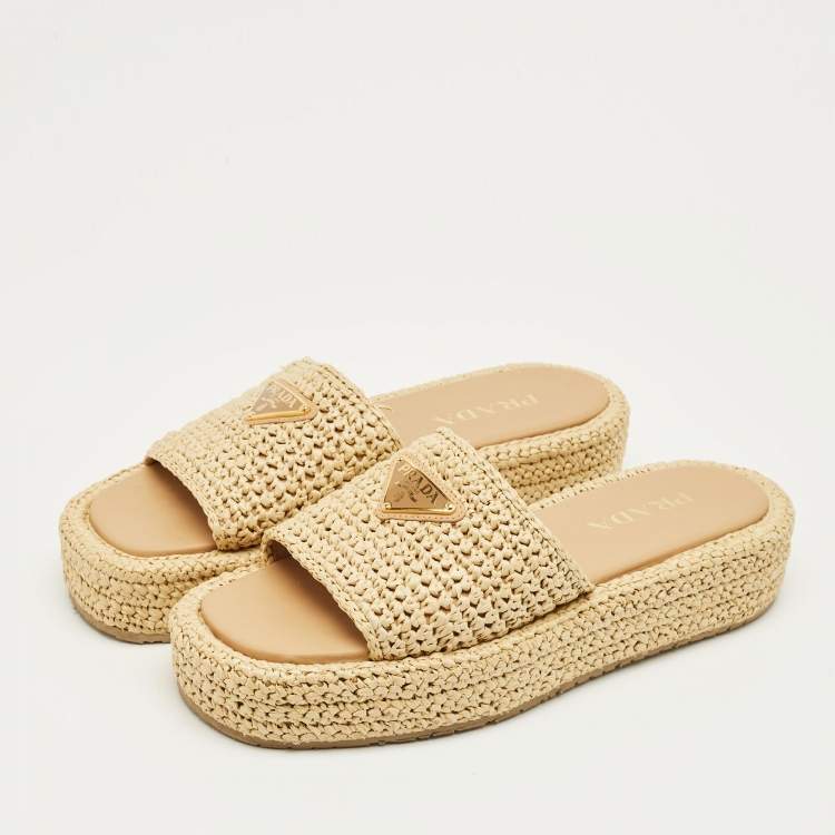 Pre Owned Prada Beige Woven Straw Platform Slide Sandals Size 40