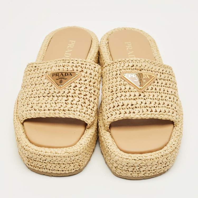 Pre Owned Prada Beige Woven Straw Platform Slide Sandals Size 40