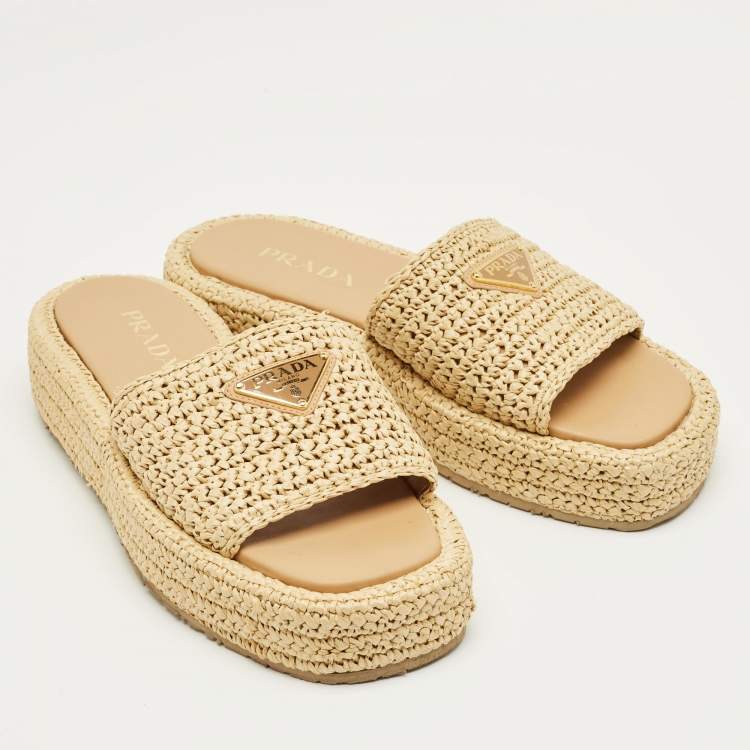 Pre Owned Prada Beige Woven Straw Platform Slide Sandals Size 40