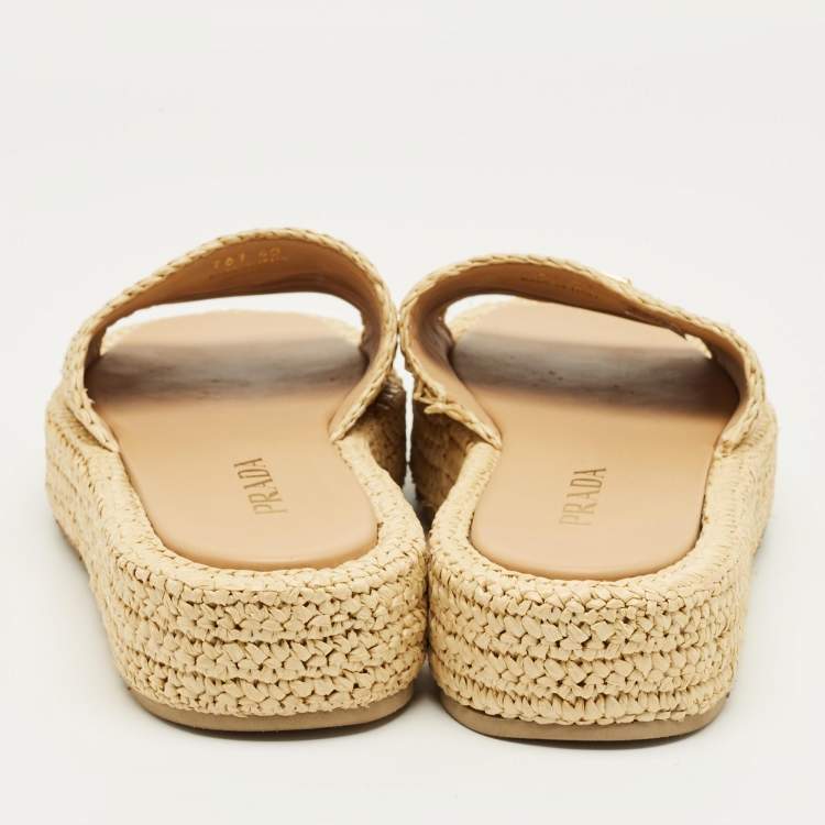 Pre Owned Prada Beige Woven Straw Platform Slide Sandals Size 40