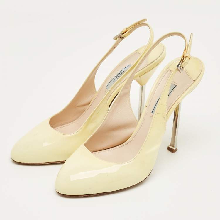 Pre Owned Prada Yellow Patent LeatherRound Toe Slingback Pumps Size 39