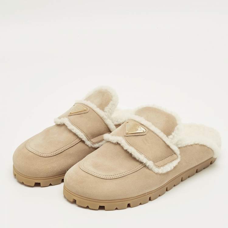 Pre Owned Prada Beige/White Shearling and Suede Mules Size 40