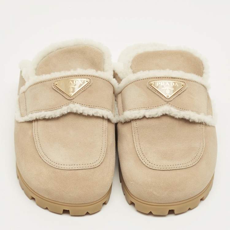 Pre Owned Prada Beige/White Shearling and Suede Mules Size 40