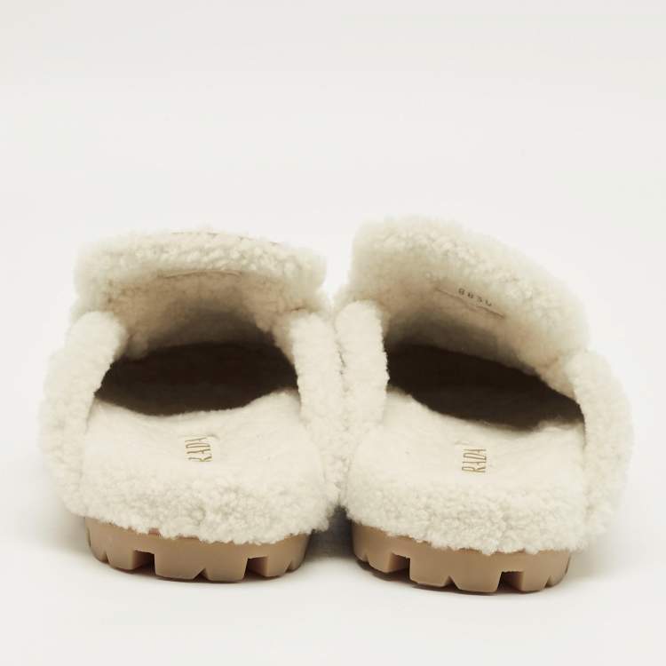Pre Owned Prada Beige/White Shearling and Suede Mules Size 40