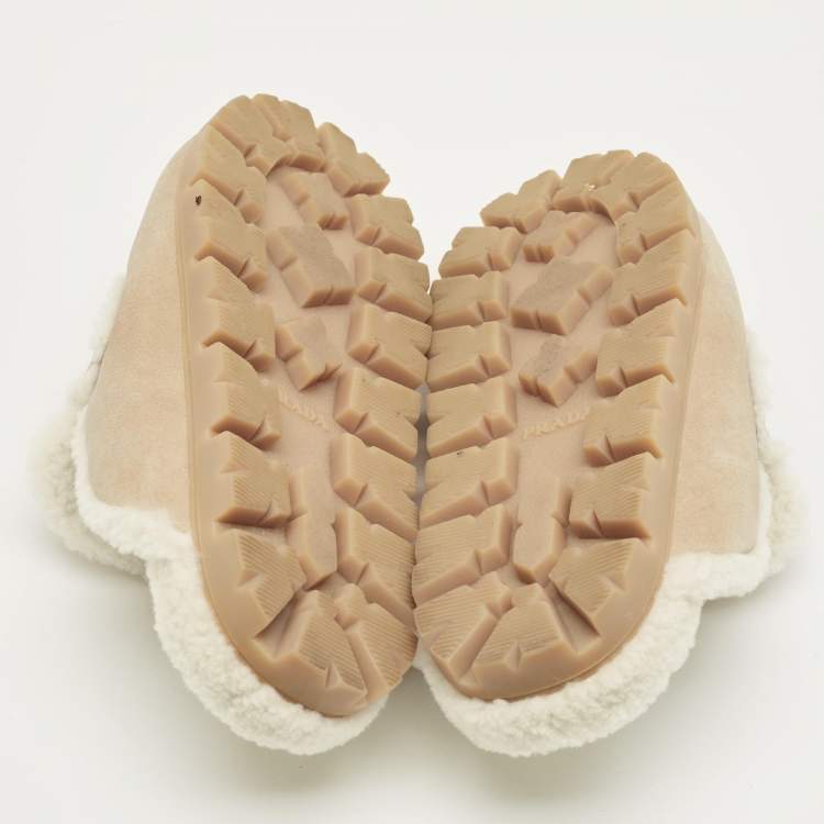 Pre Owned Prada Beige/White Shearling and Suede Mules Size 40