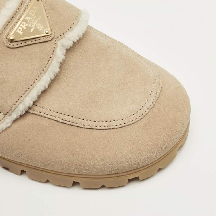 Pre Owned Prada Beige/White Shearling and Suede Mules Size 40