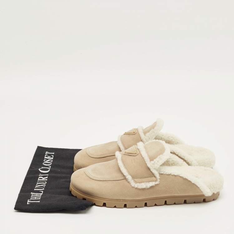 Pre Owned Prada Beige/White Shearling and Suede Mules Size 40