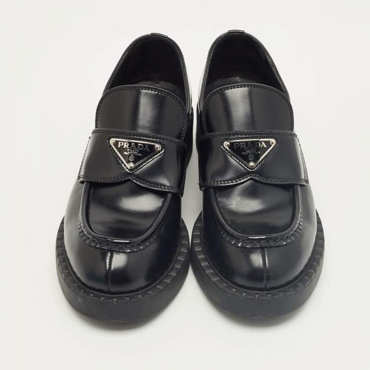 Pre Owned Prada Black Brushed Leather Slip On Loafers Size 35.5