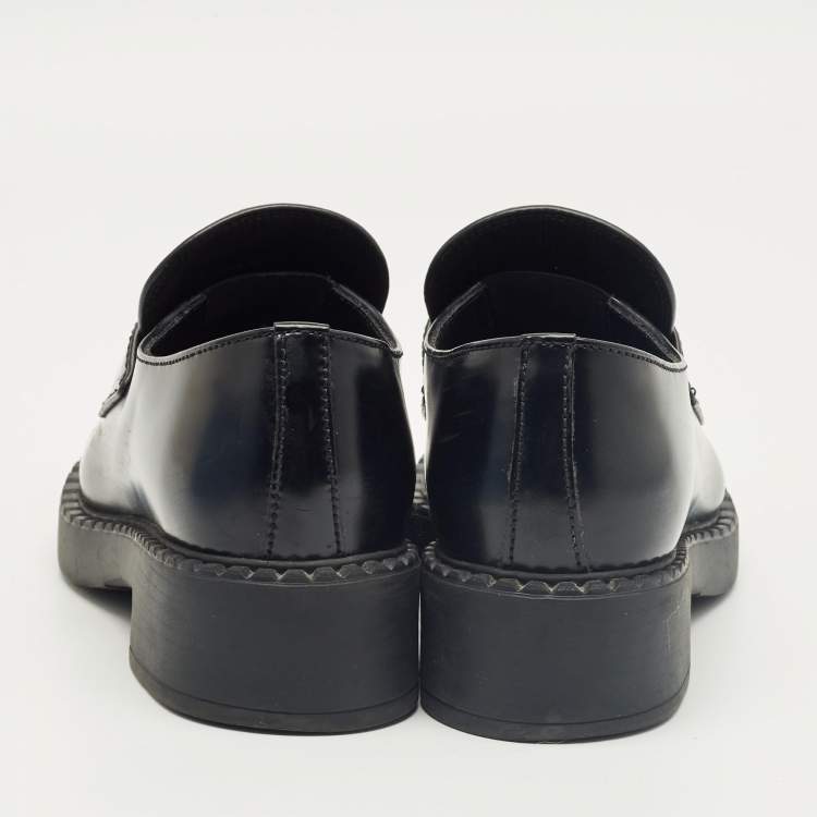 Pre Owned Prada Black Brushed Leather Slip On Loafers Size 35.5