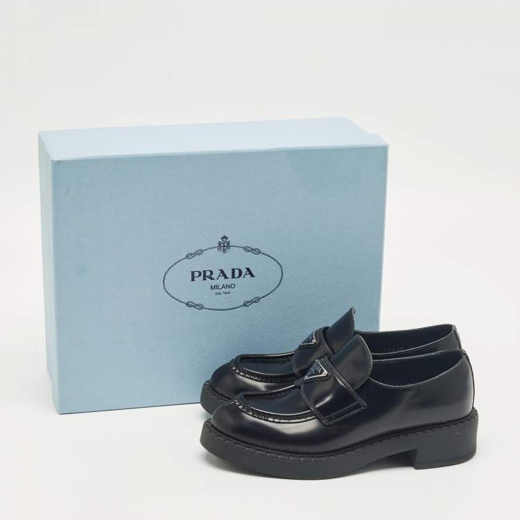Pre Owned Prada Black Brushed Leather Slip On Loafers Size 35.5