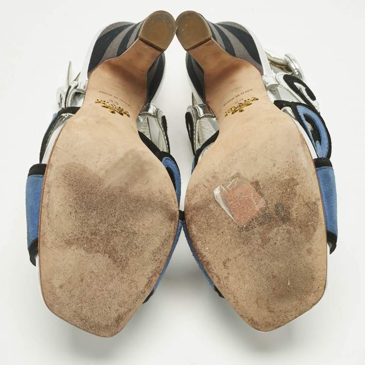 Pre Owned Prada Multicolor Suede and Leather Cut Out Slingback Sandals Size 39