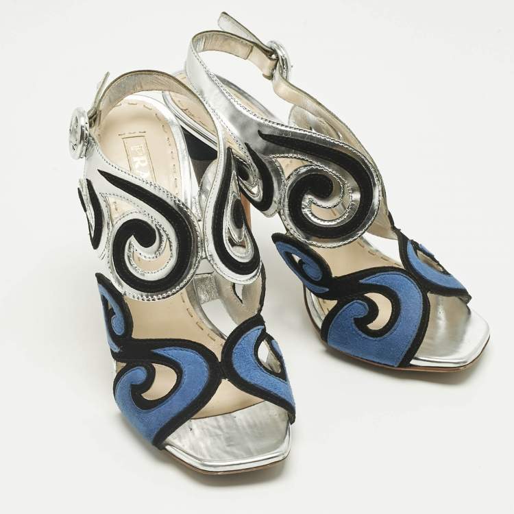 Pre Owned Prada Multicolor Suede and Leather Cut Out Slingback Sandals Size 39