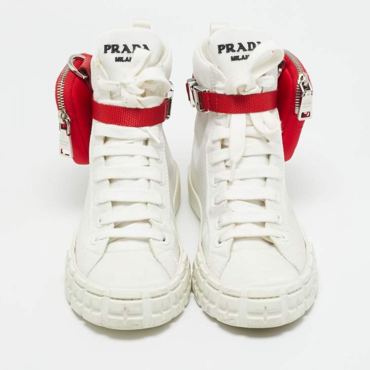 Pre Owned Prada White Nylon Triangle Pouch Pocket High Top Sneakers Size 37