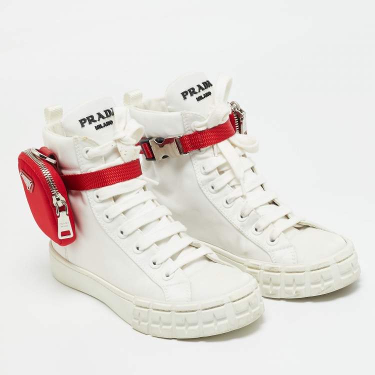 Pre Owned Prada White Nylon Triangle Pouch Pocket High Top Sneakers Size 37