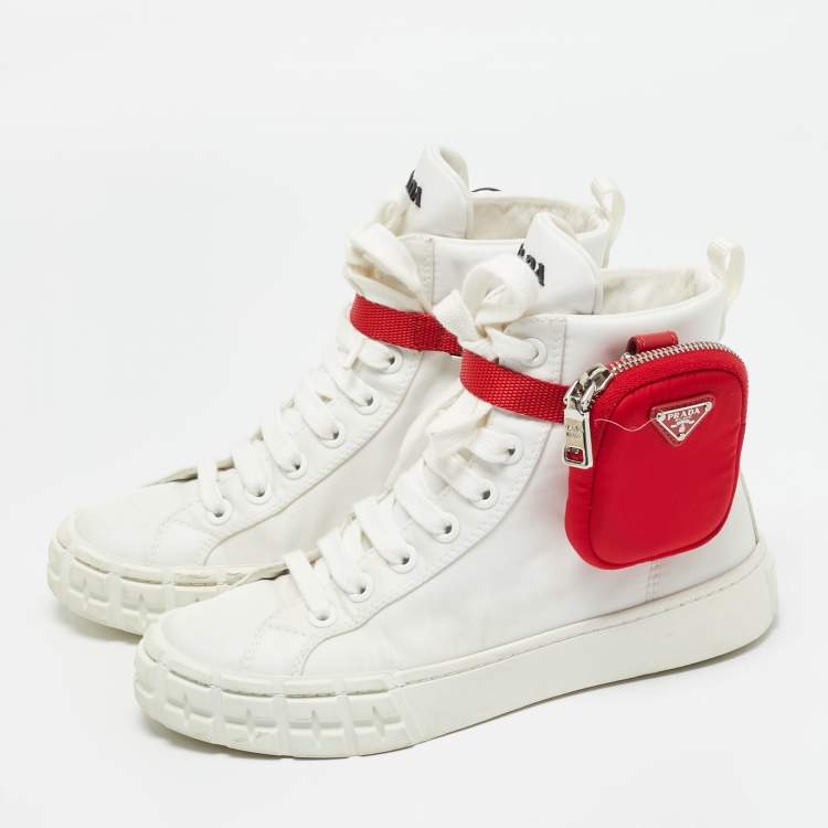 Pre Owned Prada White Nylon Triangle Pouch Pocket High Top Sneakers Size 37
