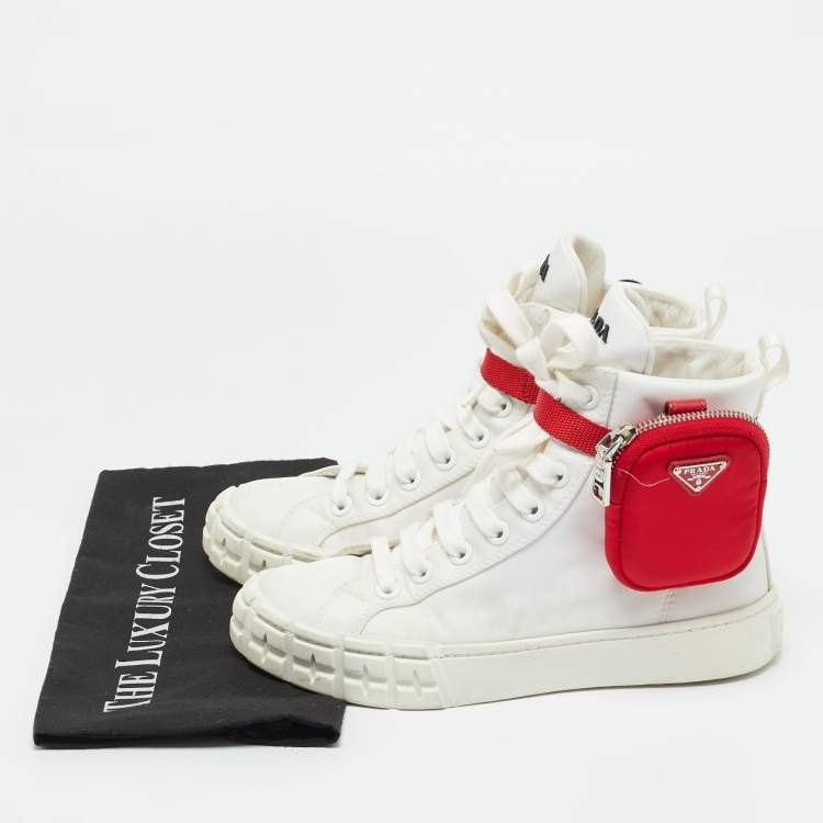 Pre Owned Prada White Nylon Triangle Pouch Pocket High Top Sneakers Size 37