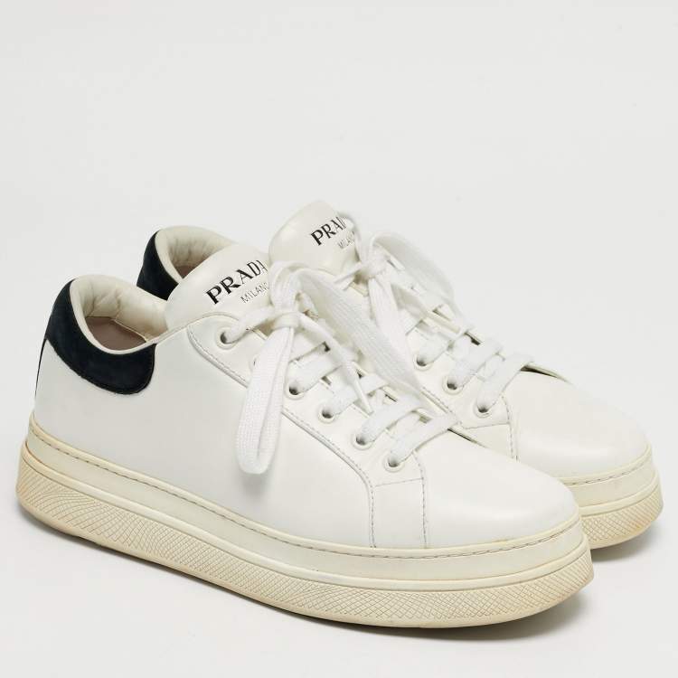 مملوكة مسبقًا حذاء رياضي برادا جلد أبيض/أسود ليز أب لو ت وب مقاس 38.5