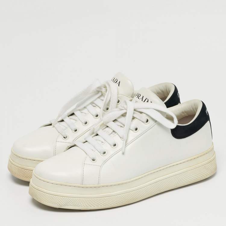 مملوكة مسبقًا حذاء رياضي برادا جلد أبيض/أسود ليز أب لو توب مقاس 38.5