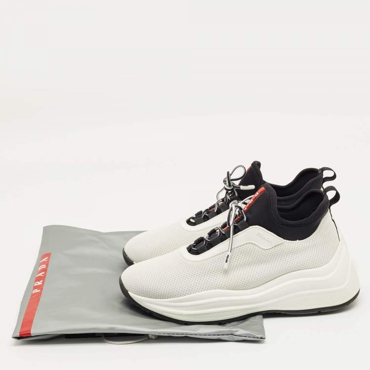 Pre Owned Prada White/Black Knit Fabric and Nylon Low Top Sneakers Size 38