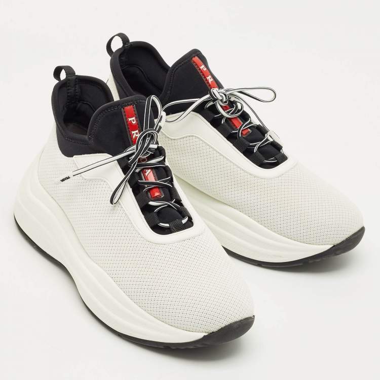 Pre Owned Prada White/Black Knit Fabric and Nylon Low Top Sneakers Size 38