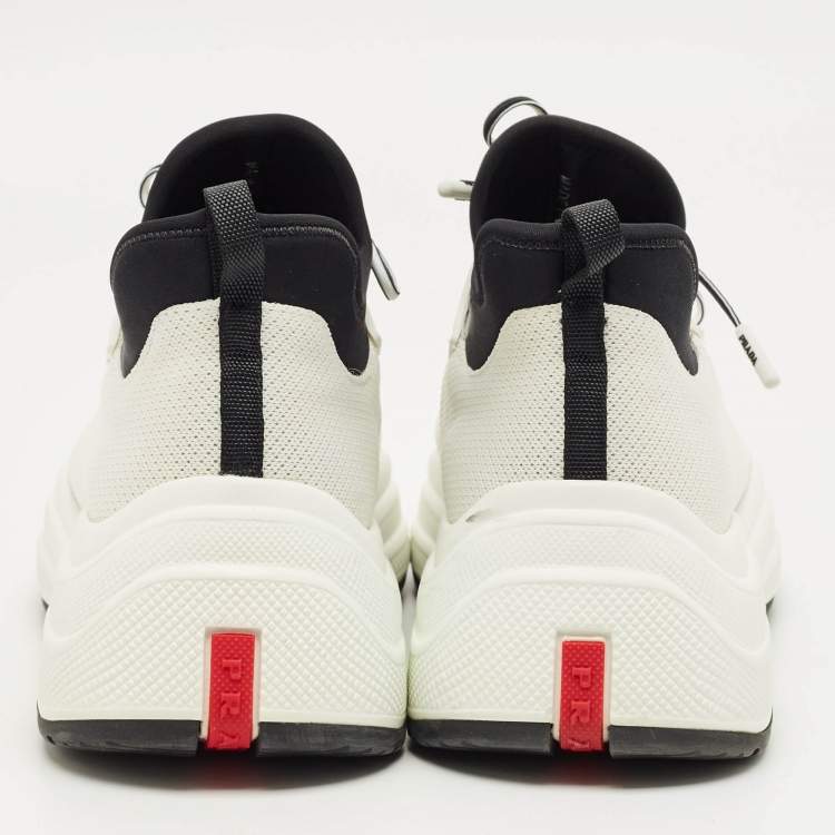 Pre Owned Prada White/Black Knit Fabric and Nylon Low Top Sneakers Size 38