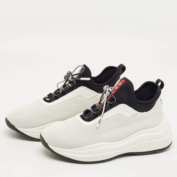 Pre Owned Prada White/Black Knit Fabric and Nylon Low Top Sneakers Size 38