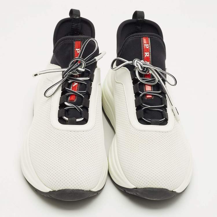 Pre Owned Prada White/Black Knit Fabric and Nylon Low Top Sneakers Size 38