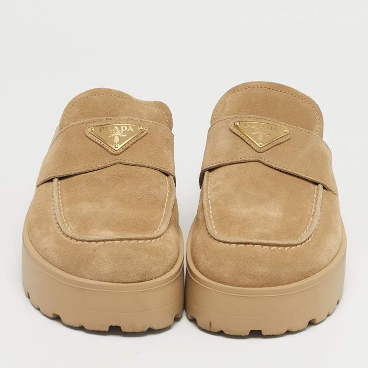 Pre Owned Prada Beige Suede San Tropez Mules Size 38.5