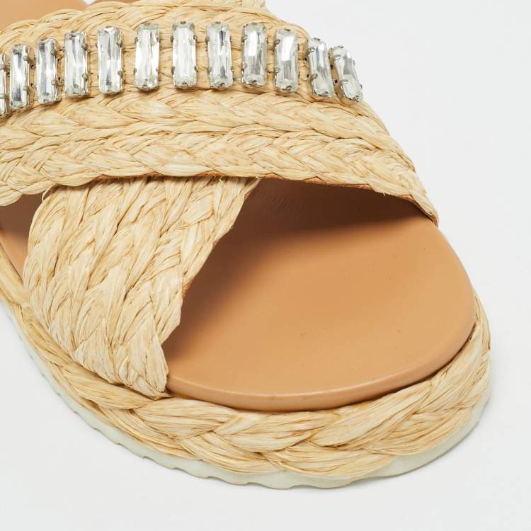Pre Owned Prada Beige Raffia Crystal Embellished Flat Slides Size 37