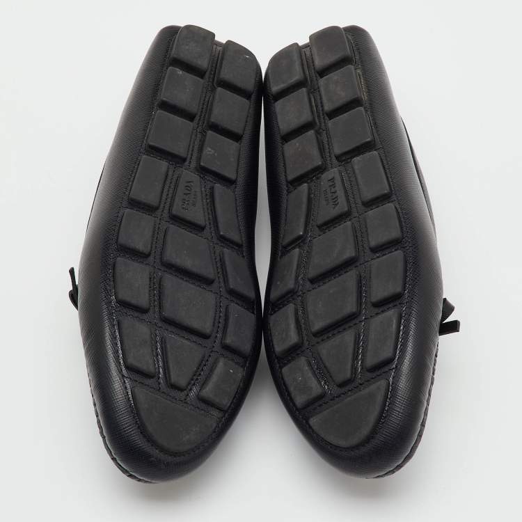 Pre Owned Prada Black Saffiano Leather Logo Bow Slip On Loafers Size 38.5