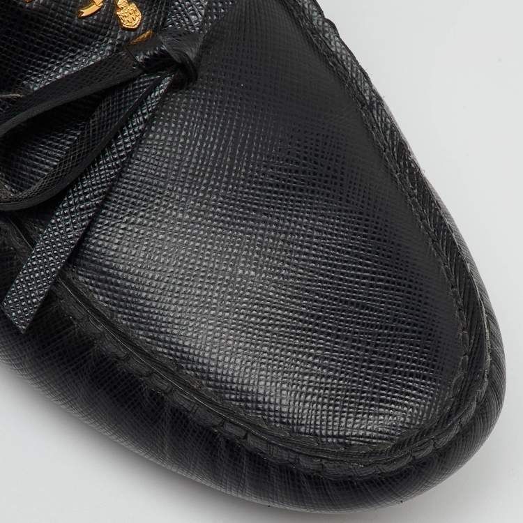 Pre Owned Prada Black Saffiano Leather Logo Bow Slip On Loafers Size 38.5