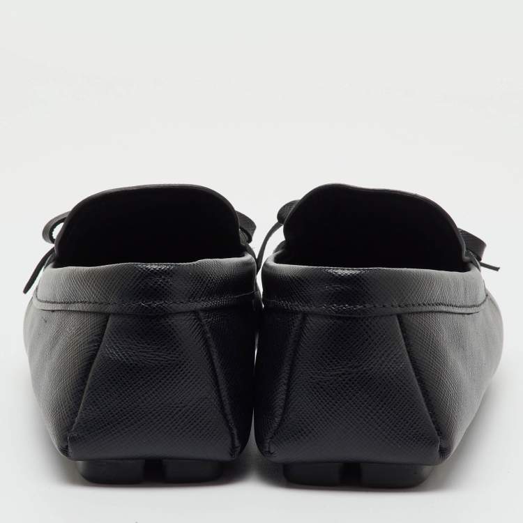 Pre Owned Prada Black Saffiano Leather Logo Bow Slip On Loafers Size 38.5