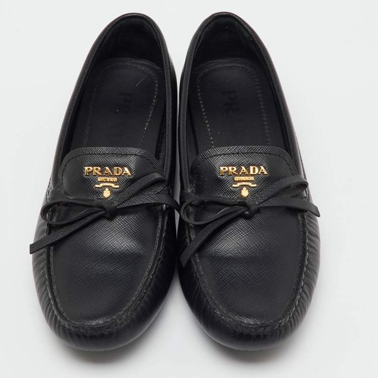 Pre Owned Prada Black Saffiano Leather Logo Bow Slip On Loafers Size 38.5