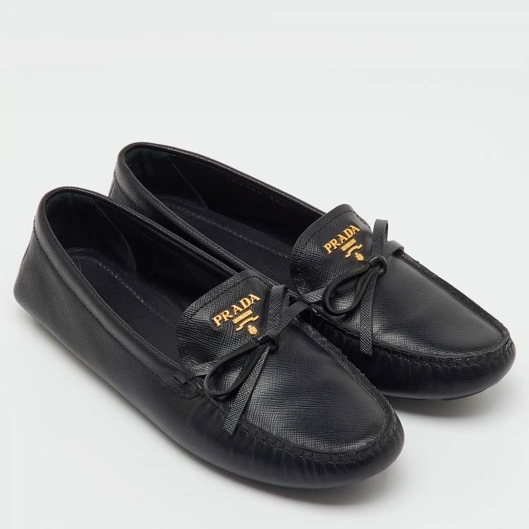 Pre Owned Prada Black Saffiano Leather Logo Bow Slip On Loafers Size 38.5