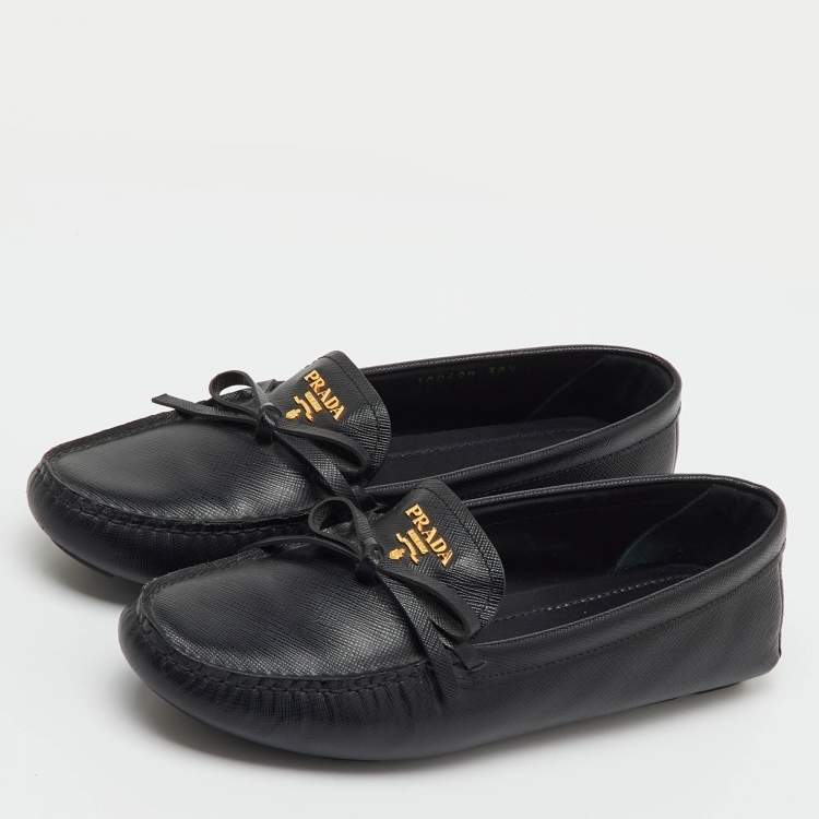 Pre Owned Prada Black Saffiano Leather Logo Bow Slip On Loafers Size 38.5