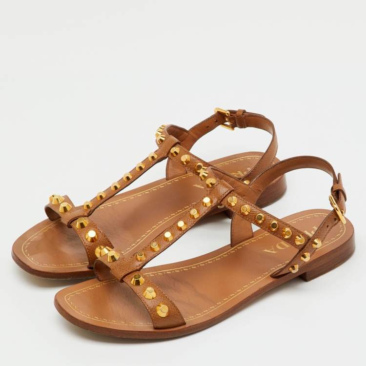 Pre Owned Prada Brown Leather Studded Flat Sandals Size 36