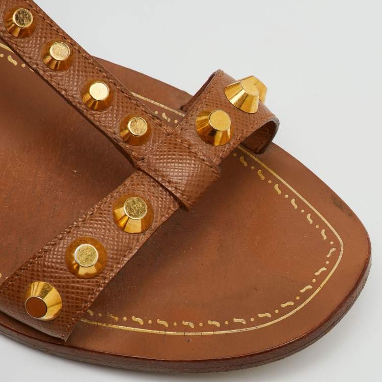 Pre Owned Prada Brown Leather Studded Flat Sandals Size 36