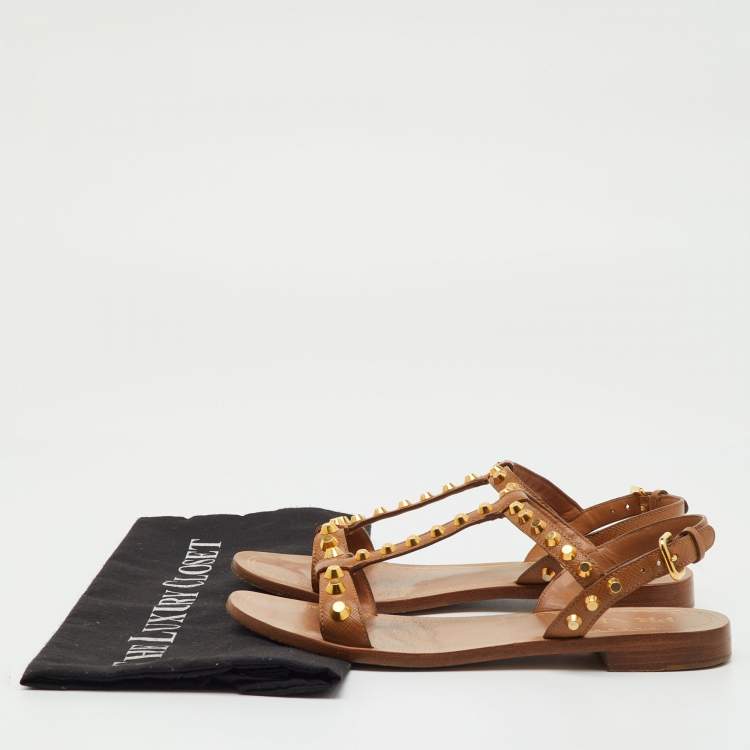 Pre Owned Prada Brown Leather Studded Flat Sandals Size 36