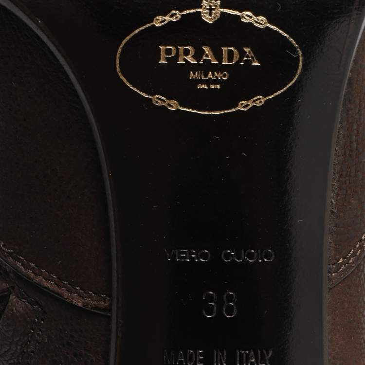 Pre Owned Prada Dark Brown Leather Knee Length Boots Size 38