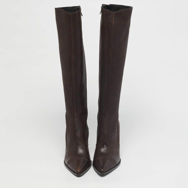 Pre Owned Prada Dark Brown Leather Knee Length Boots Size 38