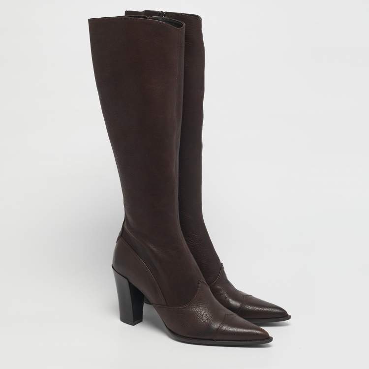 Pre Owned Prada Dark Brown Leather Knee Length Boots Size 38