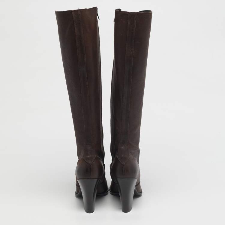 Pre Owned Prada Dark Brown Leather Knee Length Boots Size 38